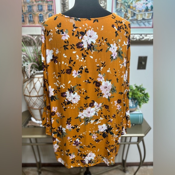 J. Jill Mustard and Peach Floral Blouse V-Neck Flare Sleeve Relaxed Tunic SZ XL - Picture 5 of 7